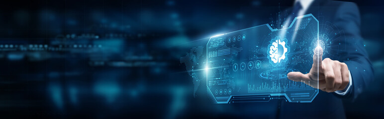 Data scientists touching interface and machine learning algorithms, predictive models automation transformation optimization innovation intelligence analytics.