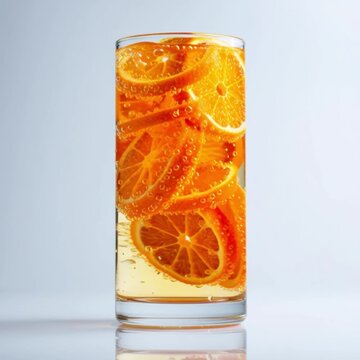 Christine Bajkut-style high-resolution photograph of isolated tangerine slices in a beer glass on a pure white background. The image fuses the tactile macro textures of Miki Asai, the sculptural light