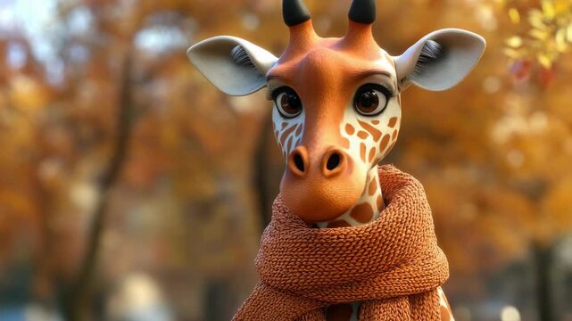 This is a delightful stuffed giraffe with animated eyes, wearing a warm autumn scarf. It's perfect as a child's playmate or a seasonal decoration.