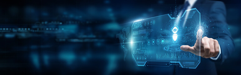 Engineer touching interface and robotics automation, intelligent systems transformation optimization innovation integration productivity.
