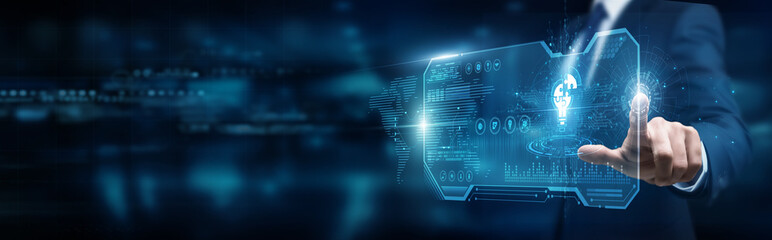 Consultant touching interface and business solutions platforms, innovation transformation optimization automation integration strategies enhancing growth.