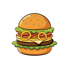 Delicious jumbo burger with crispy onion rings and savory sauce presented in a vibrant vector illustration