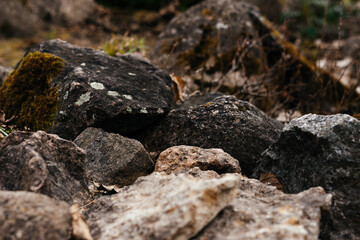 A close-up of rugged, moss-covered rocks in a natural setting, highlighting their rough texture, earthy tones, and organic beauty.