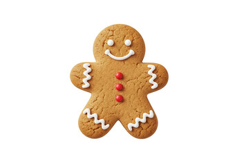 A gingerbread man cookie, decorated with white icing and red sprinkles, stands out against a black background.