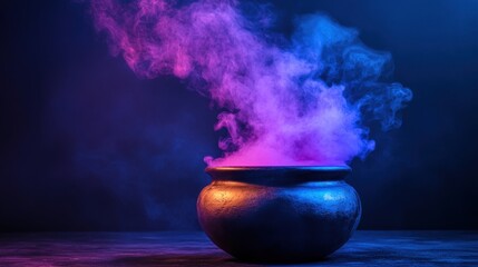 Steaming cauldron with purple and blue smoke in a dark environment
