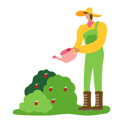 Gardener Watering Plants in a Lush Garden