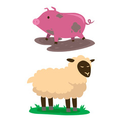 Cartoon illustration of a pig standing in mud and a sheep on grass