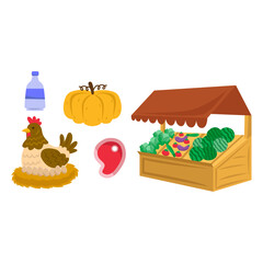 Collection of fresh organic farm food icons, including a market stall with vegetables