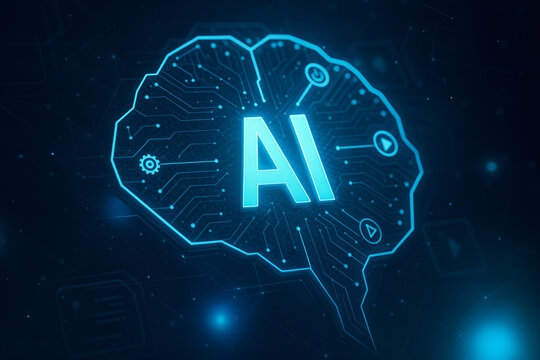 Glowing AI brain interface on dark background. Futuristic tech concept with circuits, neural network nodes and digital icons&mdash;ideal for artificial intelligence, machine learning and automation.