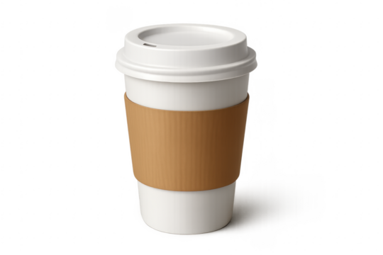 White disposable coffee cup with cardboard sleeve on transparent background