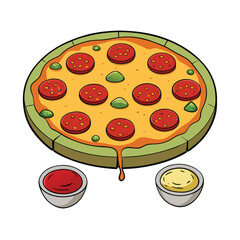 Delicious large pepperoni pizza with assorted dipping sauces vector illustration for food marketing