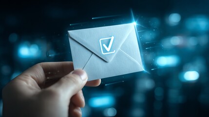 Hand holding a glowing envelope, a digital checkmark, in a futuristic cityscape; communication concept