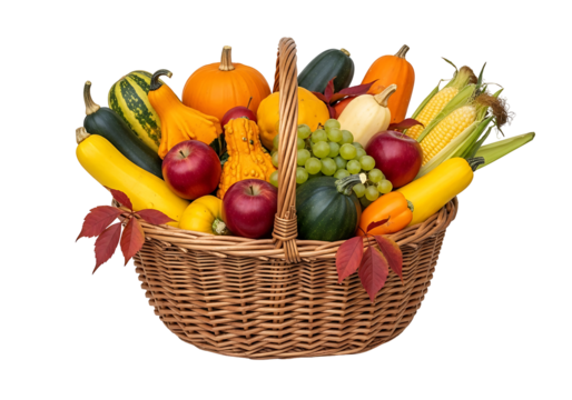 A wicker basket brimming with autumnal produce, displaying a variety of colorful gourds, squash, apples, corn, and grapes.