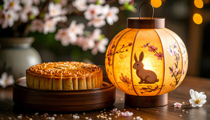 Mooncake and rabbit lantern still life for festive cultural celebration