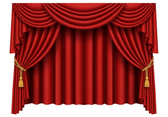 Rich red theater curtains with golden cords and tassels create a dramatic stage backdrop.