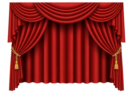 Rich red theater curtains with golden cords and tassels create a dramatic stage backdrop.
