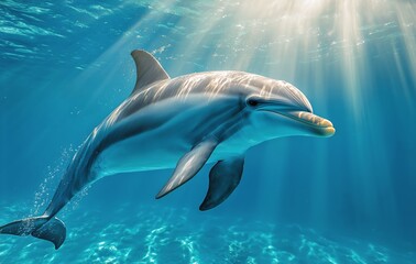 Fototapeta premium Dolphin Swimming Gracefully Through Clear Ocean Water Under Bright Sun Rays.