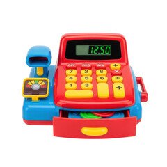 Colorful toy cash register isolated on transparent background