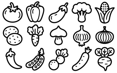 Collection of Doodle Style Vegetable Icons for Healthy Eating and Culinary Concepts Black and White Vector Graphic