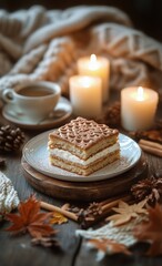 Fototapeta premium Warm Cozy Dessert Setting With Layered Cake and Coffee During Autumn Evening