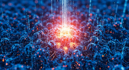 Abstract image of interconnected blue spheres with glowing orange center, digital data streams flowing downward, representing network connection, data flow, technology, innovation