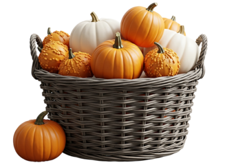 A gray wicker basket overflowing with various pumpkins, including orange and white varieties, presents a harvest-themed scene against a black backdrop.