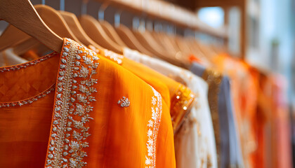 Saree Indian dress in white luxury boutique backgroud. Indian attire in fashio store. Festive outfit. Beutiful Bollywood clothing.Stylish orange party dress Handloom saree salon. Baner