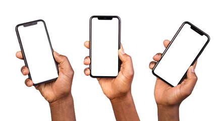 Man showing smart phones with blank screen isolated on transparent or white background