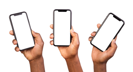 Man showing smart phones with blank screen isolated on transparent or white background	