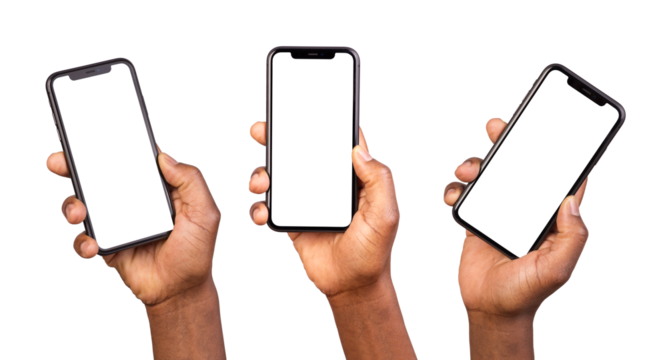 Man showing smart phones with blank screen isolated on transparent or white background	
