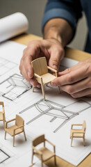Close-up of hands holding miniature wooden chair model above blueprint, showcasing design process, creation and architecture concept