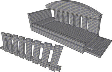 Podium, street stage, brick wall, city architecture, 3D model, gray color, transparent background