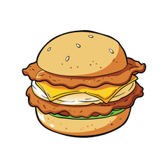 Savory egg muffin sandwich with crispy bacon and fresh greens on a white background illustration