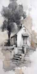 Solitary cottage with tree, stone steps, neutral tones in watercolor style