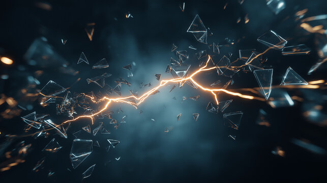 Dynamic electric energy exploding through shattered glass with vibrant light and abstract design
