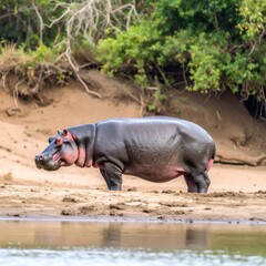 Hippopotamus by riverbank