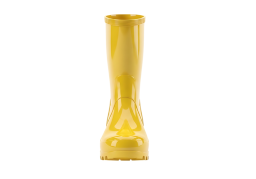 A pair of bright yellow, glossy rain boots stands out against a black backdrop.