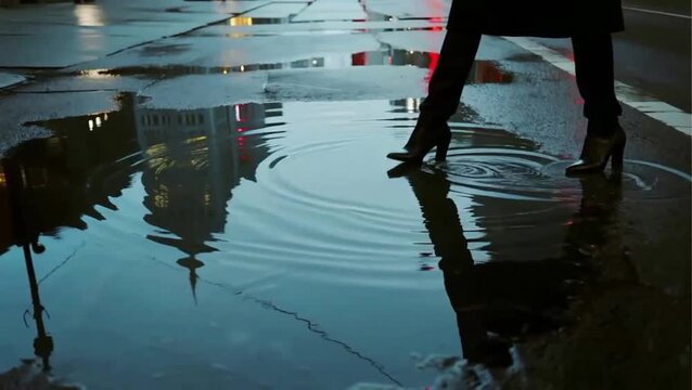 Un charco de agua en la calle donde se aprecia un reflejo de una mujer caminando 