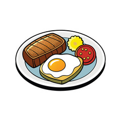 Classic steak and eggs breakfast plate with golden toast and coffee illustration