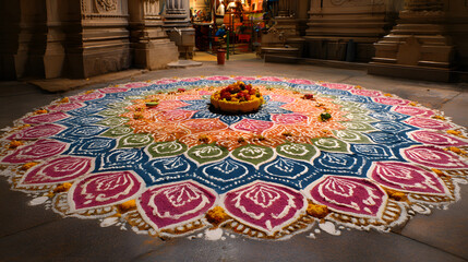 Intricate Rangoli design mde with colorful powders ad flowers for Krishna Janmshtami, beautifully displaed at the entrance of a teple