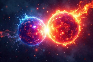 Obraz premium Close-up of two powerful, glowing orbs clashing in a cosmic battle, energy radiating outwards in vibrant hues A fierce, abstract representation of opposing forces colliding , explosion, aura, beams