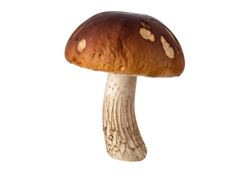 A single, whole mushroom, highlighted against a black background, displays a rich, brown cap with light speckles and a light beige, textured stem.