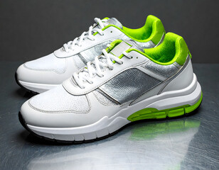 Stylish Athletic Sneakers on Brushed Metallic Surface with Charcoal Background