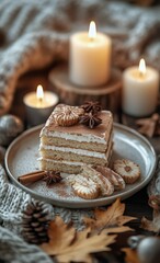 Warm Cozy Dessert Setting With Layered Cake and Coffee During Autumn Evening.
