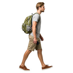 Naklejka premium Young man wearing backpack walking outdoors enjoying a summer day adventure transparent background