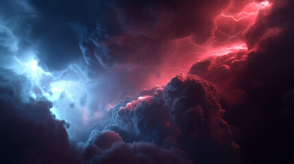 Dramatic lightning strikes illuminate vibrant storm clouds with red and blue hues creating intense atmosphere