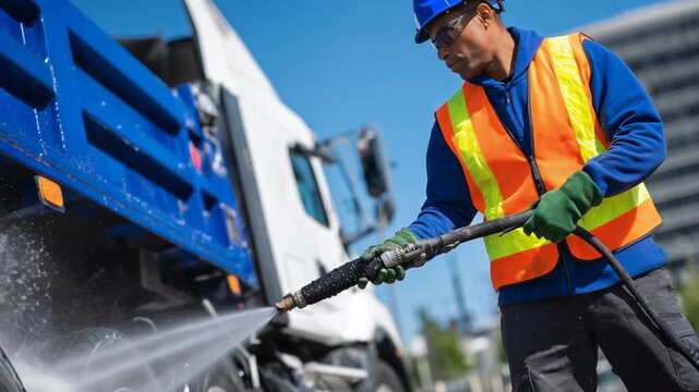 A worker in safety gear uses a high-pressure hose to clean grime from a truck's side.