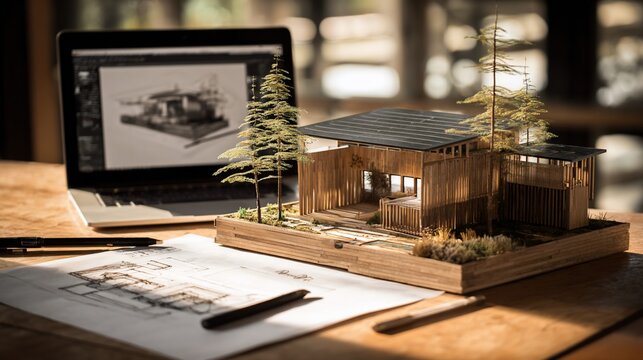 Architectural model and draft on a desk with laptop in background