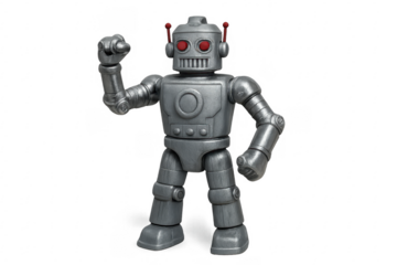 Silver robot pointing with finger on transparent background