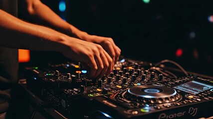 DJ's hands skillfully mixing music on a controller against a dark, colorful nightclub background - Powered by Adobe